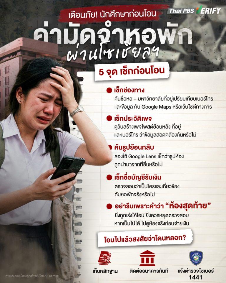 เตือนภัย ! นักศึกษา ระวังมิจฉาชีพหลอกโอน “ค่ามัดจำหอพัก” ผ่านโซเชียล