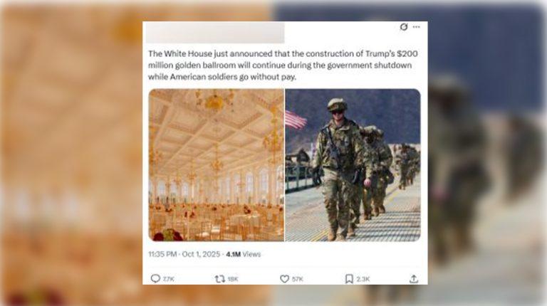 ตรวจสอบแล้ว: โพสต์อ้างทรัมป์ใช้งบรัฐสร้างห้องบอลรูม – ไม่จ่ายเงินทหาร แท้จริงใช้เงินบริจาคและจ่ายเงินทหารตามปกติ